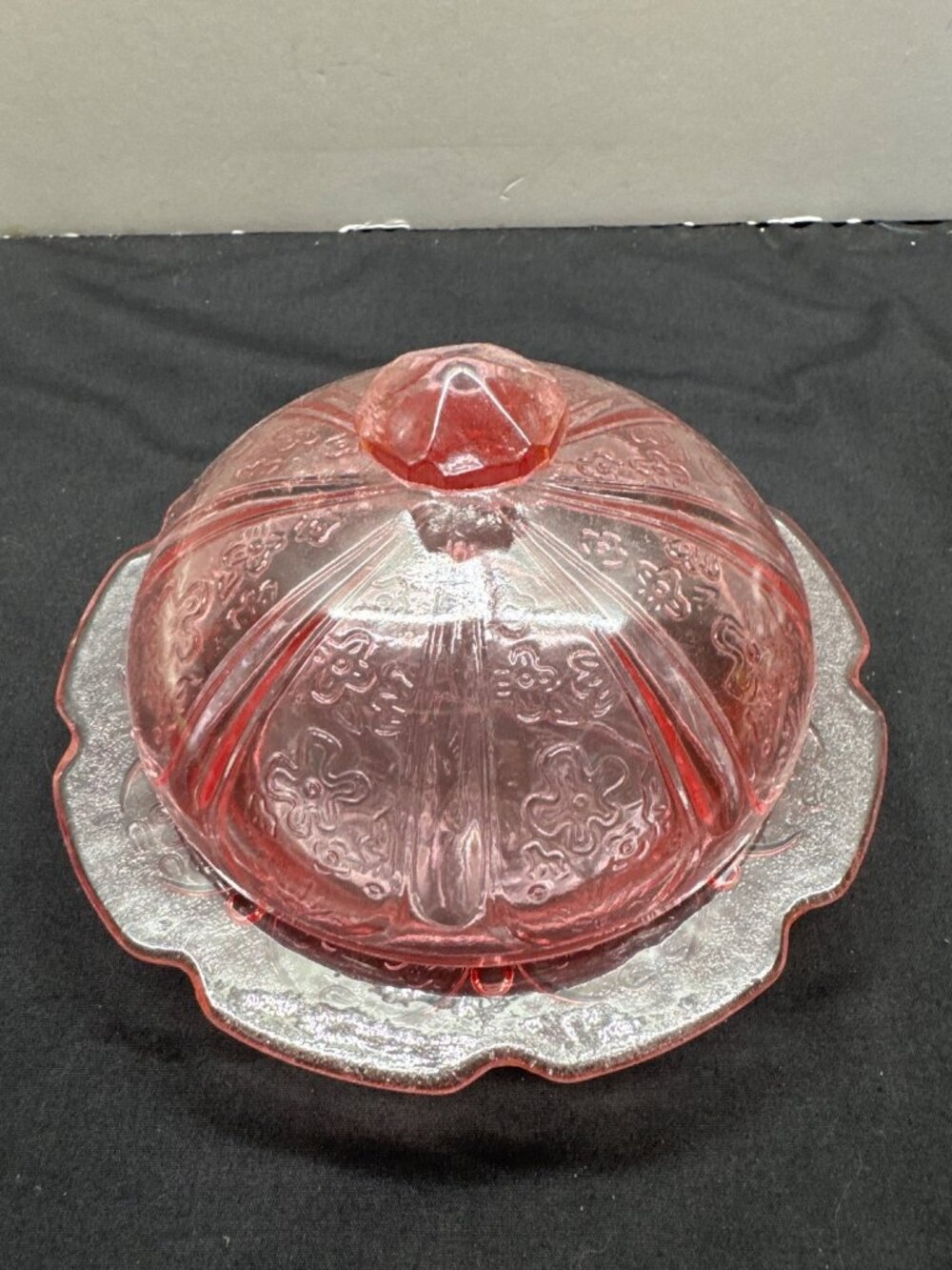 VTG Jeannette Pink Depression Glass Covered Butter Dish Cherry Blossom Pattern 6